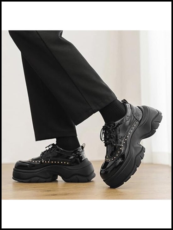 Patent Leather Rivet Platform Motorcycle Boots with Side Zipper Chunky Block